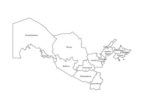 Vector isolated illustration of simplified administrative map of Uzbekistan. Borders and names of the regions. Black line silhouettes