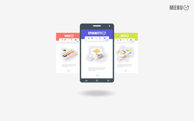 online food, sushi menu, spaghetti, tofu, smartphone app for ordering food, online food ordering, isometric vector illustration