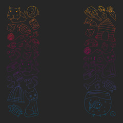 Pet shop. Vector illustration with animals, dog, cat, fish, Colorful background with kitten, bird, puppy. Veterinarian clinic.