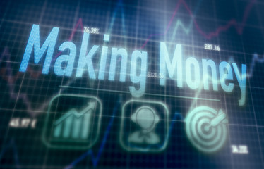 Making Money concept on a blue dot matrix computer display.