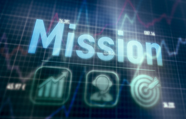 Mission concept on a blue dot matrix computer display.