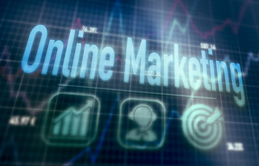 Online Marketing concept on a blue dot matrix computer display.