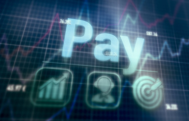 Pay concept on a blue dot matrix computer display.