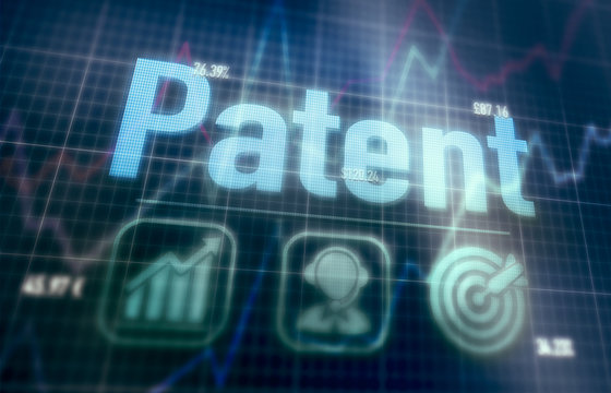 Patent concept on a blue dot matrix computer display.