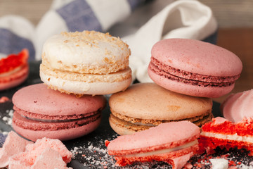 Close up colorful macarons dessert with vintage pastel tones