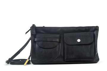 Black leather female handbag isolated on white background