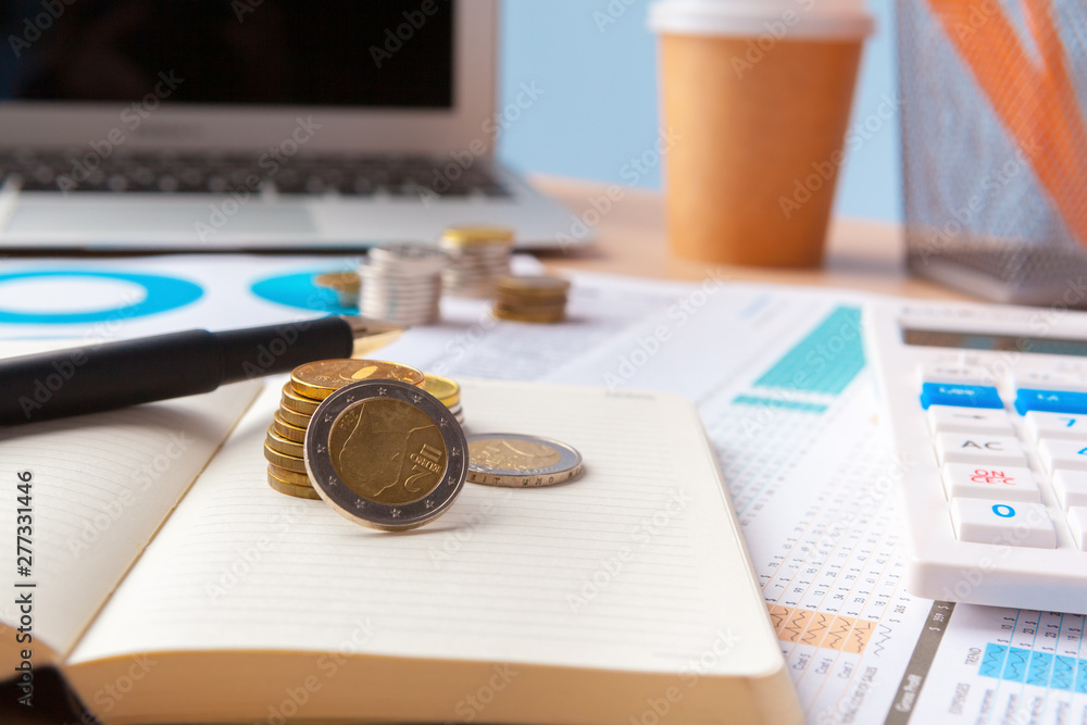 Poster saving stack coins money concept. graph, chart document close up