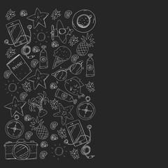 Travel vector pattern. Adventure, beach, tropical design.