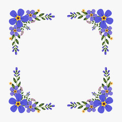 Floral greeting card and invitation template for wedding or birthday anniversary, Vector square shape of text box label and frame, Purple flowers wreath ivy style with branch and leaves.