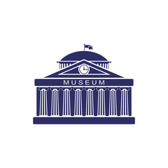 Naklejka premium museum building sign. Classical Greece Roman architecture with Ionic columns, clock. web icon, monochrome isolated vector illustration