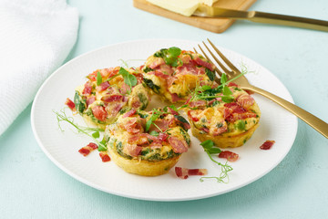 Egg muffin baked with bacon, ketogenic keto diet, pastel modern closeup