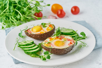 egg baked in avocado, toast, breakfast, closeup