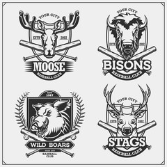 Set of baseball badges, labels and design elements. Sport club emblems with deer, bison, elk and wild boar. Print design for t-shirts.