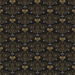 Dark background pattern. Retro style background image. Seamless pattern with butterfly. Wallpaper texture
