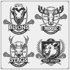 Set of lacrosse badges, labels and design elements. Sport club emblems with deer, bison, elk and wild boar. Print design for t-shirts.