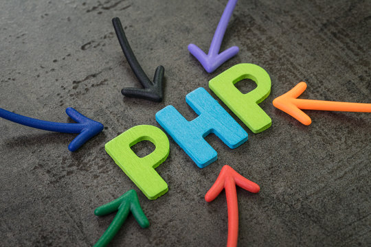 PHP modern programming language for software development or application concept, multi color arrows pointing to the word PHP at the center of black cement chalkboard wall