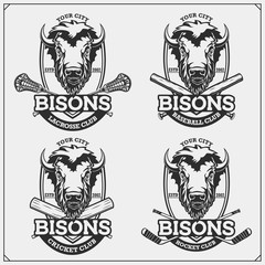 Cricket, baseball, lacrosse and hockey logos and labels. Sport club emblems with bison. Print design for t-shirts.