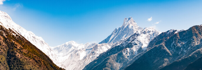 Panoramic view of Machapuchare Peak. Nepal mountain landscape. Annapurna circuit, Himalaya, Asia - obrazy, fototapety, plakaty