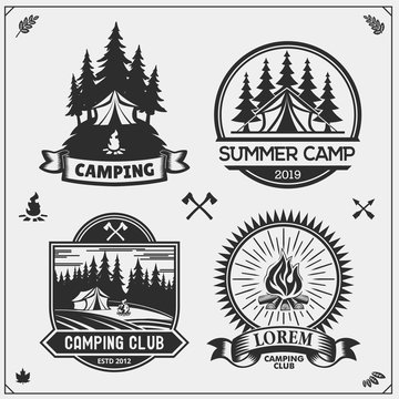 Camping club emblems, badges and design elements. Retro set of forest camping, outdoor adventure and wanderlust. Print design for camp t-shirt.