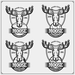 Volleyball, basketball, soccer and football logos and labels. Sport club emblems with moose or elk. Print design for t-shirt.