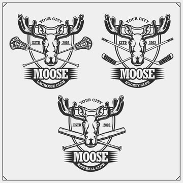Baseball, lacrosse and hockey logos and labels. Sport club emblems with moose or elk. Print design for t-shirts.