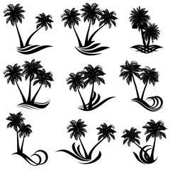 Palm trees and abstract waves, set of vector silhouettes.
