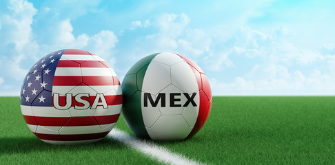 Mexico vs. USA Soccer Match - Soccer balls in Mexico and USA national colors on a soccer field. Copy space on the right side - 3D Rendering 