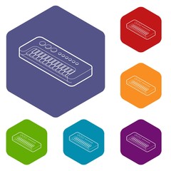 Toy synthesizer icons vector colorful hexahedron set collection isolated on white