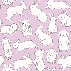 Seamless pattern with cute bunnies. White rabbits on a pink background.