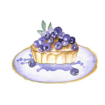 Watercolor cake with blueberries on violet plate. Hand drawn composition of dessert. Perfect for posters and menu.