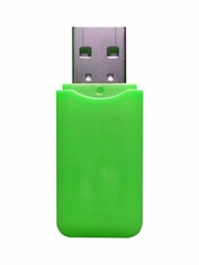Top view of green plastic USB flash drive isolated on white