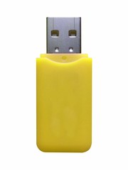 Top view of yellow plastic USB flash drive isolated on white