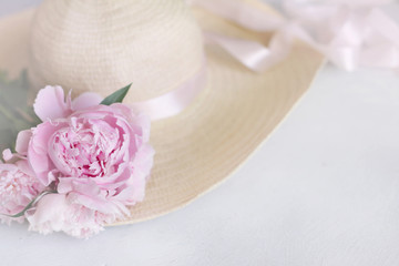 Women's summer hat with pink peonies pastel toned