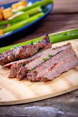 bbq grilled beef brisket slices with shrimps
