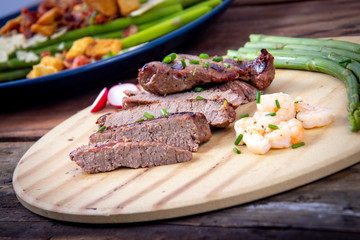 bbq grilled beef steak slices with shrimps