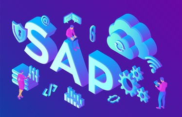 SAP Business process automation software. ERP enterprise resources planning system concept. Technology process of Software development. Isometric vector Illustration with icons and characters. - obrazy, fototapety, plakaty