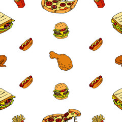 seamless pattern of fast food, pizza, hot dog, french fries for your menu