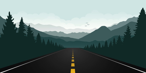 straigth road in the forest with green mountain landscape vector illustration EPS10 - obrazy, fototapety, plakaty