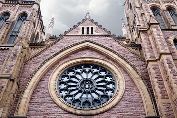 Bottom up view of St. James United protestant church designed as gothic revival architecture