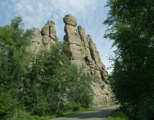 Fototapeta na wymiar Imposing Cathedral spires along the road at Needles Highway in Custer State Park, South Dakota.