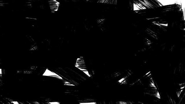 Lots of chaotic paint brush strokes fill the screen. Abstract black and white transition mask. CG animation.