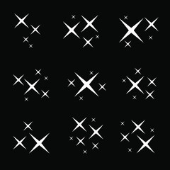 Obraz premium Shiny stars set. Party sparks, festive sparkle burst or shine glitter starburst isolated on black background. 