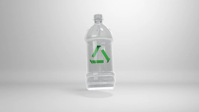 CG animation of a floating plastic bottle with with recycle sign inside, white background. Seamless 3D animation loop rendering.
