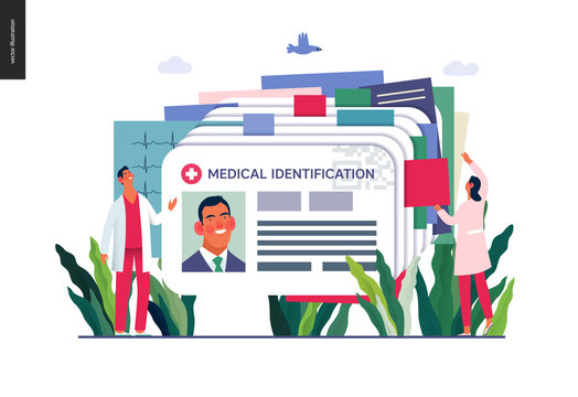 Medical insurance illustration- medical id card, health card -modern flat vector concept digital illustration - a plastic identification card as medical records file metaphor