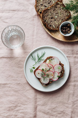 A slice of bread with bean paste, radishes and fresh dill on a table