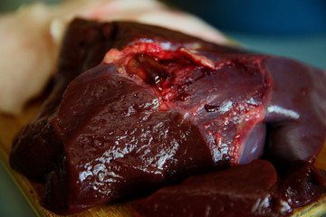 Raw liver on a cutting board
