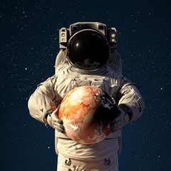 astronaut holding an exoplanet, world of a distant star system