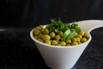 Marinated Pickled green peas in the bowl 