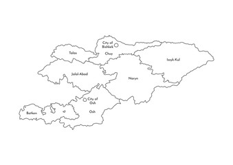 Vector isolated illustration of simplified administrative map of Kyrgyzstan﻿. Borders and names of the regions. Black line silhouettes