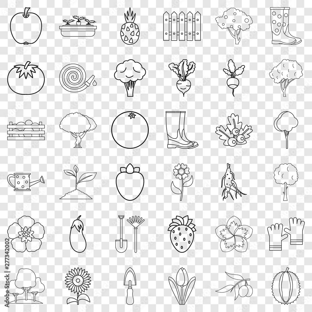 Poster wheelbarrow icons set. outline style of 36 wheelbarrow vector icons for web for any design